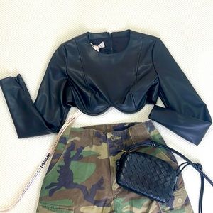 HOUSE OF CB Black Faux Leather Long Sleeve Crop Top